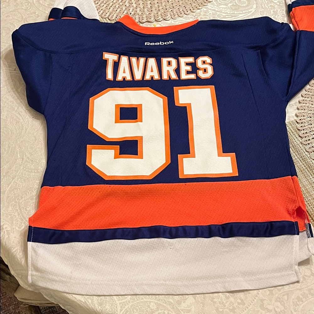 Reebok Kids Navy and Orange Jersey Tavares 91 Vintage Kid Small NY Islanders
